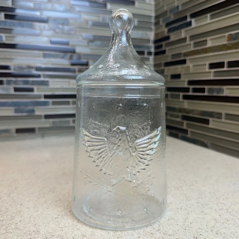 Vintage Clear Glass Apothecary Jar Embossed Eagle Star Lid Textured Patriotic
